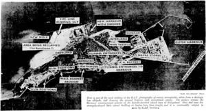 Sport and' General" Phot Here is one of the most striking of the R.A.F. photographs of enemy strongholds, taken from a daringly low altitude, and shoiving the ground features with exceptional clarity. The picture reveals the Germans' constructional activity on the heavily-fortified island base of Heligoland. Over and near this strangely-shaped little island thrilling air battles have been fought, and it is continually subject to visits by R.A.F, bombers. (Evening Post, 11 March 1940)