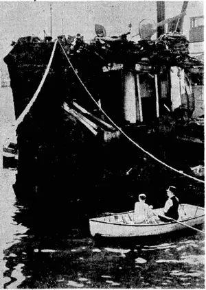 Yaffa.: Service Photo. The port ; bow -of the wrecked U.S.S. freighter, badly holed in a collision with a Blue Star liner near the Sydney Harbour Bridge ■ on March 7. (Evening Post, 19 March 1940)