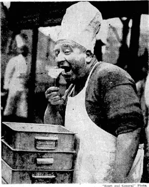 Sergeant Forman, who weighs 17 stone, and for whom the Army cannot find a white uniform to fit, tries some of his own cooking at the Arniy School of Cookery, in the south of England, (Evening Post, 19 March 1940)