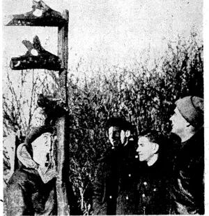 Sport and-.General" Photo. Totem. pole erected by a Canadian officer outside his' camp office: ft is a replica of a pole erected in an Indian reservation in Canada. (Evening Post, 19 March 1940)