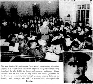 The New Zealand Expeditionary Force Band entertaining Canadian soldiers at a recent camp concert in England, the performance being broadcast by the 8.8.C. to home and overseas audiences. Camp concerts such as this, with all the artists and bands provided by the troops, are becoming increasingly popular among listeners in Britain, and, .through the 8.8.C s transmission, throughout the Empire. ■ "Sport aud General" Photo, A telegraph crew at ivork in an English military camp, ivhere the training of Signals Permanent Linesmen takes place, field poles of various heights being erected for-them to work on. Brigadier P. H. Bell, D.5.0., First (Northern) Division, Auckland. (Evening Post, 07 October 1940)