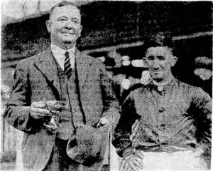 The Gisborne breeder-oioner-ti'airier A. Mclntosh, who secured another trophy when Sly Fox brought off an overdue win in the Mitchelson Cup at Ellerslie last Saturday. With the smiling otvner is Sly Fox.s ~,,. rider, C. G. Goulsbro'. (Evening Post, 19 October 1940)