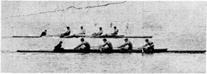 Evening Post" Photo. Finish of the maiden fours, the opening event at Petone last Saturday. The Petone four is jiist heating Wellington by less than a canvas. (Evening Post, 19 October 1940)