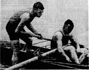 Two champion oarsmen who competed as a pair at the opening of the Petorie Rowing Club last Saturday. Seated in the boat is R. B. Smith, of Auckland, New. Zealand champion sculler, and just stepping in is Pat Abbott, of Petone. (Evening Post, 19 October 1940)