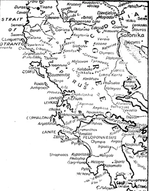 This map shows the western part of Greece, the southern part of Albania, and a small section of Yugoslavia (north of Macedonia). (Evening Post, 30 October 1940)
