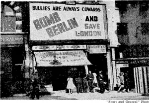 This mystery poster has appeared in the streets of London. It is about 6ft high and 12ft broad, and bears nothing to indicate its authorship or who is paying for it, but it certainly shows the trend of public feeling in London. (Evening Post, 01 November 1940)