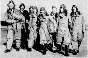 Some of. the American pilots of the "Eagle" Squadron now operating with the R.A.F. return to their hangar after a flight. Squadron Leader W. E. G. Taylor, of Kansas, U.S.A.;, is chief of the "Eagles." (Evening Post, 19 November 1940)
