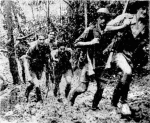 Australian troops ploughing through mud and slush in the Owen Stanley Range in Neiv Guinea. (Evening Post, 10 October 1942)