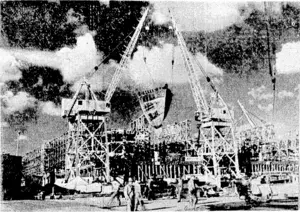 A ship under construction by the new assembly method in one of the shipyards controlled by Mr. Henry J. Kaiser, an American ship and aeroplane builder who has revolutionised construction methods a in the United States. (Evening Post, 04 November 1942)