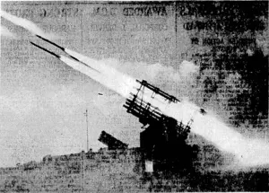 Britain's latest anti-aircraft iveapon—the rocket gun. These guns are the result of years of experimenting by scientists in England, the first tests being made secretty in Jamaica. The rockets are fired from a multiple-barrelled weapon on a mobile mounting. (Evening Post, 27 April 1944)