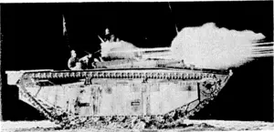 The three guns of the "Water Buffalo," Americas latest amphibious tank, fire in unison. Thesel armoured vehicles carry a 37mm. cannon and two ,sin machine-guns. (Evening Post, 28 April 1944)