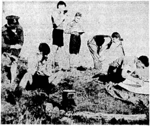 Cadets of the Eastbourne detached flight of the Air Training Corps making a chart on a knoll on Baring Ridge, where they recently undertook a special four-day course. One cadet is taking a shot at the sun, using a pannikin of water as an artificial horizon. Others are identifying points, recording bearings, and plotting on the chart. (Evening Post, 03 May 1944)
