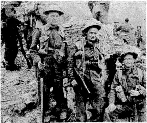A group of New Zealanders who have been fighting on the Cassino front. From the left, A. J. Wilson, of Feilding, and L Donoghue and L. J. l*eash, both of Wellington. (Evening Post, 16 May 1944)