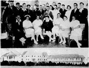 Some of the first patients and staff of the new hospital at Lower Hutt, which was officially opened yesterday afternoon by Mr. F. Castle, chairman of the Wellington Hospital Board., Below, a view of the Nurses' Home block. (Evening Post, 16 May 1944)