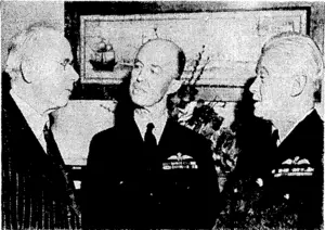The Prime Minister, Mr. Fraser, with Air Commodore J. L. Findlay (right), head of the New Zealand Joint Staff Mission in Washington, and Air Marshal Richard Williams (centre), representing the Royal Australian Air Force in America. The occasion was an Anzac Day service in New York, which was attended by New Zealand and Australian airmen. (Evening Post, 29 May 1944)