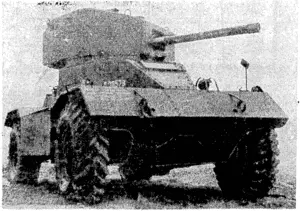 The punch of a tank, with the mobility of a motor-car, makes this latest British armoured car one of the outstanding weapons of the war. It mounts a 6-pounder anti-tank gun and a 7.92 mm. Besa machine-gun co-axially, and a light anti-aircraft machine-gun on top of the turret. Its maximum road speed is 42 miles an hour and its total weight is 12 tons 12 cwt., mostly because of its heavy armouring. (Evening Post, 30 May 1944)