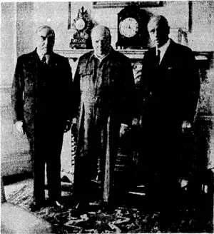 Mr. Fraser at No. 10 Downing Street with Mr. Churchill and Mr. Mackenzie King, Prime Minister of Canada. (Evening Post, 30 May 1944)