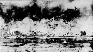 Taken at the height of the bombing and shelling of Cassino, this picture shows the doomed town in the final throes of the bombardment, one of the most concentrated of the war. (Evening Post, 30 May 1944)