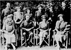 Members of the Royal Family assembled at a country place in England to celebrate the eighteenth birthday of Princess Elizabeth. Back row, from the left, the Duke and Duchess of Glouce.ster, Princess Margaret Rose, the Princess Royal, the Duchess of Kent, and the Earl of Harewood. Seated, Queen , Mary, the King, Princess Elizabeth, and the Queen. (Evening Post, 10 June 1944)