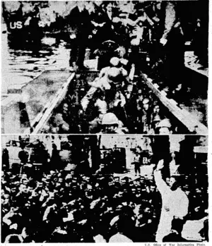 Wireless picture showing troops leaving England on June 6 lo'take part in the invasion of France. Top, fully equipped, and each man carrying a large amount .of ammunition, American troops go aboard a landing craft. Below, assault troops receive benediction from an. Army chaplain before leaving an English port. (Evening Post, 17 June 1944)