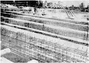 Unfinished ferro-concrete rocket-shell launching ramps captured at Cherbourg. They cover nearly 80 acres, and more than 2000 workmen were engaged in their construction.—BEAM WIRELESS PICTUREGRAM. (Evening Post, 03 July 1944)