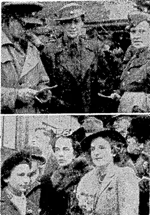 Before the rain at Trentham on Saturday. Top, two members of the Australian Medical Corps with a New Zealand Waac. Below, from the left, Mrs. Sievers, (Martinborough), Miss Colecn Bohan (Wellington), and Miss F -■ _ Mac Donald (Ashhurst) consider the field for the next race. (Evening Post, 18 July 1944)