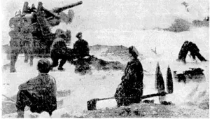 British gunners firing a 155 mm. (6.1-inch) gun at enemy concentrations south-ivest of Tilly.—BEAM ■"""■-sft- WIRELESS PJCTIIREGRAM'. — (Evening Post, 20 July 1944)