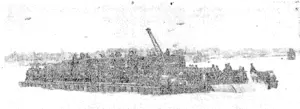 All types of craft are being used lo transport reinforcements lo the beach-head in Normandy. Here is one known as a "Rhine Ferry." (Evening Post, 27 July 1944)