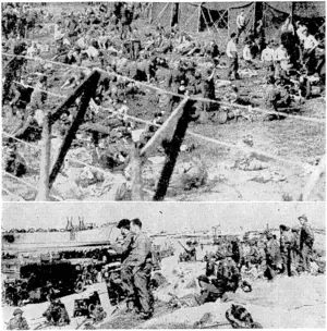 Scenes during the invasion of Europe. The lower picture shows tanks, vehicles, and stores being unloaded on a Normandy beach, and above are German prisoners of ivar behind barbed wire in France. (Evening Post, 28 July 1944)