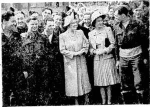 The King and Queen, accompanied by Princess Elizabeth, have been visiting heavy bomber stations in Britain, A happy study of the Queen and Princess Elizabeth with R.A.F. bomber crews. 1 ester day her Majesty celebrated her forty-fourth birthday. (Evening Post, 05 August 1944)