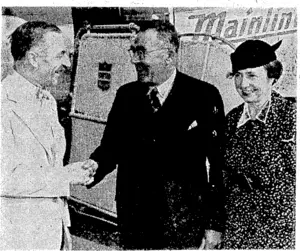 Arrival of Mr. and Mrs. C. A. Berendsen at the National Airport at Washington, U.S.A. They are being ivelcomed by Sir Ronald Campbell, Charge a"Affaires at the British Embassy. Mr. Berendsen ivas formerly High Commissioner for New Zealand at Canberra, and is now New Zealand Minister at Washington. (Evening Post, 09 August 1944)