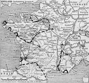 The approximate military situation in France is indicated by the dotted lines, whilst Hhe encircled ports indicate German resistance not yet overcome. The arrows give the direction in which Allied forces are moving. (Evening Post, 24 August 1944)