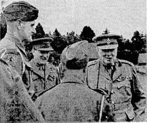 Mr. Churchill talking to warrant officers of an anti-aircraft battery in southern England in the course of his recent inspection of gun sites and fighter aircraft in action against the flying bombs. (Evening Post, 25 August 1944)