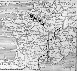 There is no definite front line in France, and the position is undergoing constant change. South of the Seine the whole country is coming under Allied control with little organised enemy resistance, except in the coastal fortified ports of Brest, Lorient, and St. Nazaire. Nice is still in enemy hajids, but the rest of France east of the Rhone is now' under A Hied control. (Evening Post, 28 August 1944)