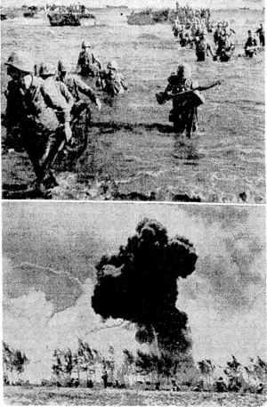 U.S. Office of War Information Photo. United States marines wading ashore from landing barges during the assault on Tinian Island, in the Mariana Group. Nine days later they had driven the Japanese from the island. The lower picture shows a Jap ammunition dump on the island blown up by American naval aircraft. (Evening Post, 04 September 1944)