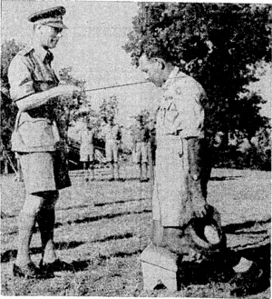During his visit to the Allied armies in Italy the King conferred decorations on officers and men. Here is General Sir Oliver Leese, Commander-in-Chief of the Eighth Army, receiving the accolade from his Majesty. (Evening Post, 20 September 1944)