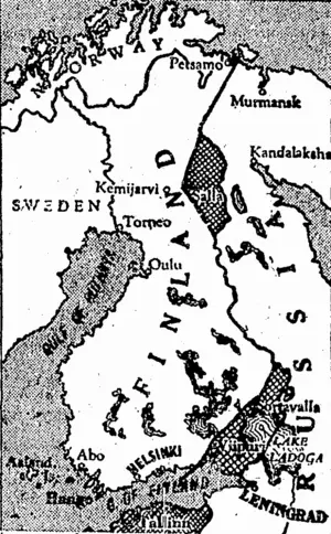 The 1940 frontier of Finland gave Russia the shaded portions shown in the map. (Evening Post, 20 September 1944)