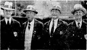 Members of the Wellington Bowling Club who yesterday won the annual Veterans Tournament with a substantial aggregate ahead of the 32 competing teams representative of all the clubs in and around the city. From left, A. J. Pollock (skip), S. Potter, E. Liddle, and W. Berry. (Evening Post, 03 February 1944)