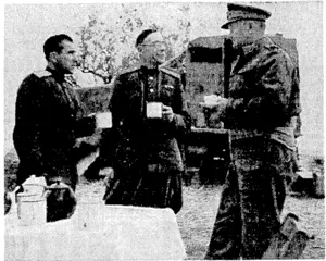 Great interest in the ivorh of the Second N.Z.E.F. was ■ shown by a party of Russian military observers who visited the Eighth Army in Italy recently. General Sir Bernard Freyberg, VÂ£> (right), the New Zealand G.0.C., is seen talking to Major-General Vasiliev (centre) and Major-General Solodovnick. (Evening Post, 07 February 1944)