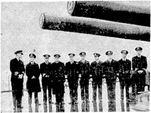 Admiral Sir Bruce Fraser (fifth from left) with some of the officers of H.M. ships which took part in the action resulting in the sinking of the Scharnhorst. (Evening Post, 08 March 1944)
