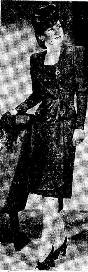 The latest in American afternoon dress designs is featured above in crepe, low-necked and side-drqped, with attractive mirrored buttons in formation- down the side bodice. (Evening Post, 02 October 1944)