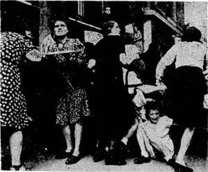 Women struggle towards, safety, and a child falls, as snipers' bullets fall among a crowd outside the Cathedral of Notre Dame. (Evening Post, 26 October 1944)