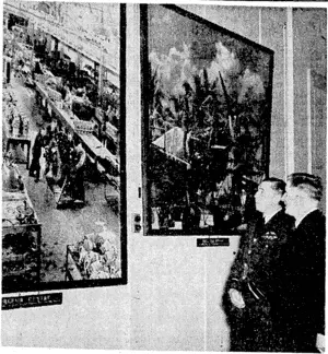 Photographs illustrating the activities of the R.N.Z.A.F., now on exhibition in Wellington, were shown at a preview in Parliament House, where the Chief of the Air Staff, Air Vice-Marshal L. M. Isitt, and the Minister of Defence, Mr. Jones, are seen inspecting some of them. (Evening Post, 27 October 1944)
