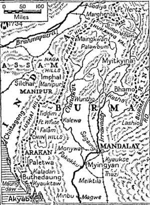 Chindwin Valley, in Burma, after two days of heavy fighting. Our troops were last reported to be four miles beyond the fort. Their success quickly followed the taking of the 9000 ft Kennedy Peak. Troops of the Fourteenth Army are now approaching the Japanese base of Palewa, whose capture would add greatly to the clearing of the Chindwin Valley and lead the way into central Burma. (Evening Post, 10 November 1944)