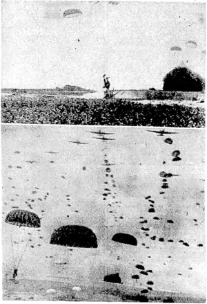 British parachute troops landing on a Dutch airfield as the Allies drove the Germans back behind the Siegfried Line. In the top picture the paratrooper landed head first, but though injured ivas not seriously incapacitated. (Evening Post, 13 November 1944)