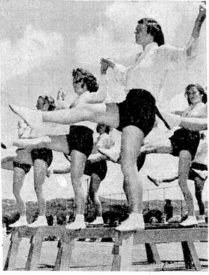 After the presentation of a Navy League flag to Wellington East Girls9 College on Thursday afternoon pupils gave an impressive gymnastic display before a number of viceregal and other visitors. Here is a balancing turn which was a feature of the display. (Evening Post, 09 December 1944)