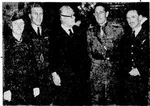New Zealanders who attended an Allied prisoners-of-war officers' reception at the Dorchester Hotel, London, recently. From the left, Mrs: Jordan, Flight Lieutenant L. Edwards, the High Commissioner (Mr. Jordan), Capthin C. H. Cathie, and Flight Lieutenant W. B. Mulligan. (Evening Post, 29 December 1944)