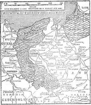 The shaded portions shoiv the territory allotted to Poland on. the xve.sl and, lo Russia in East Prussia. (Evening Post, 03 August 1945)