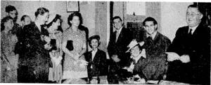 You are not ambassadors just for your own company or for university players of any city, but for the potentialities of a New Zealand stage" said the Mayor of Wellington, Mr. Will Appleton (right), when welcoming Miss Ngaio Marsh (seated on right) and her company of university Shakespearean players from Canterbury College at the Town Hall yesterday. (Evening Post, 30 January 1945)