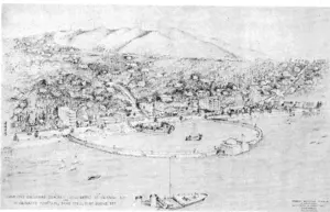 Suggested civic improvement scheme for Oriental Bay. Mr. Edmund Anscombe, who has submitted the' proposal to the city authorities, suggests that this development could form a magnificent Victory Memorial. In the centre of the enclosed area is the illuminated fountain ivhich was a feature of the 1939-40 New Zealand Centennial Exhibition. (Evening Post, 10 February 1945)